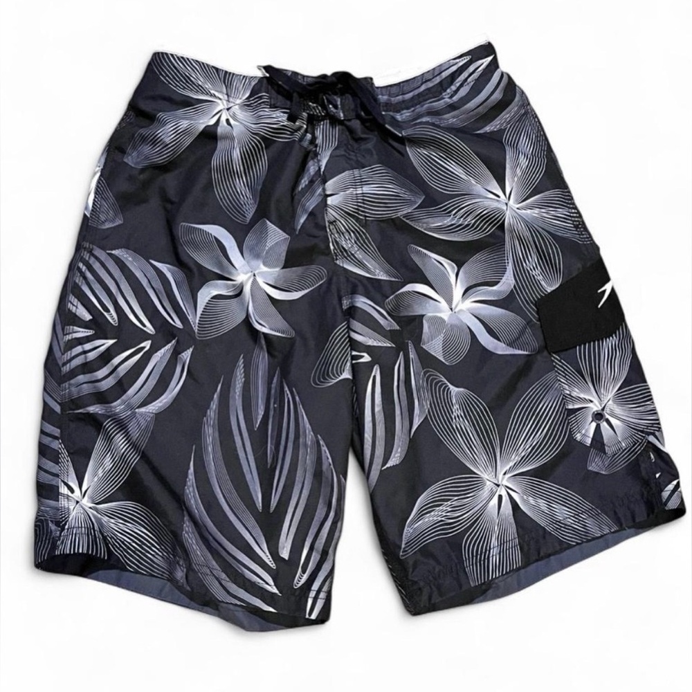Speedo Men's M Black Floral Swim Shorts Vacation Resortwear